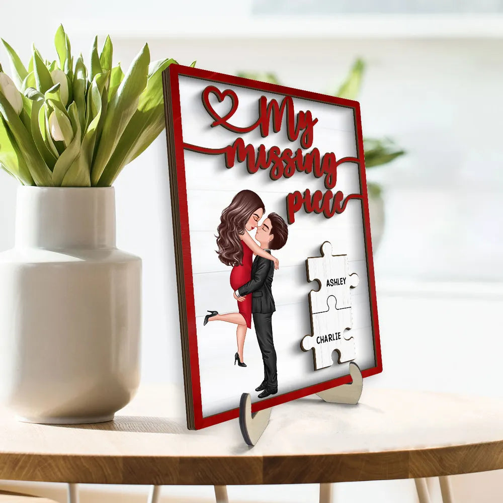 My Missing Piece Couple Hugging Kissing Red Valentine‘s Day Gift For Her Gift For Him Personalized 2-Layer Wooden Plaque