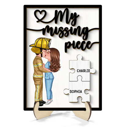 Couple Kissing My Missing Piece Valentine‘s Day Gifts by Occupation Gift For Her Gift For Him Firefighter, Nurse, Police Officer Personalized Wooden Plaque