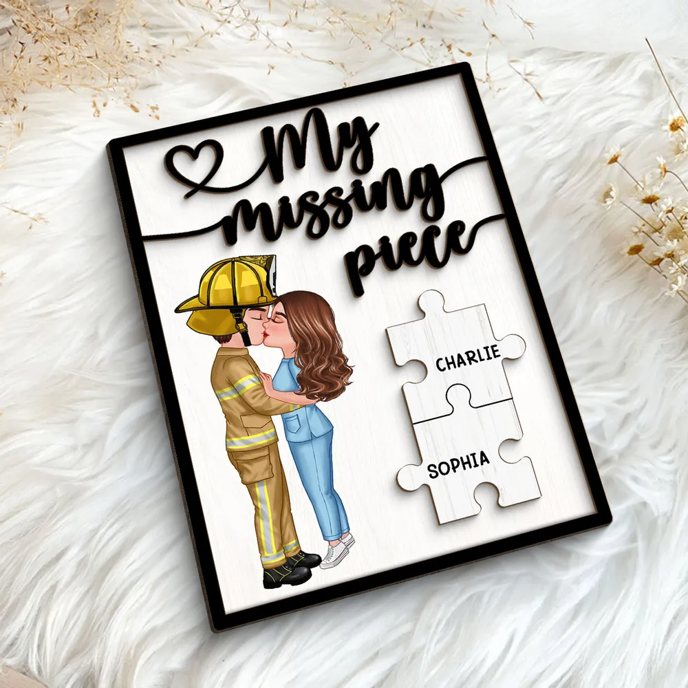 Couple Kissing My Missing Piece Valentine‘s Day Gifts by Occupation Gift For Her Gift For Him Firefighter, Nurse, Police Officer Personalized Wooden Plaque