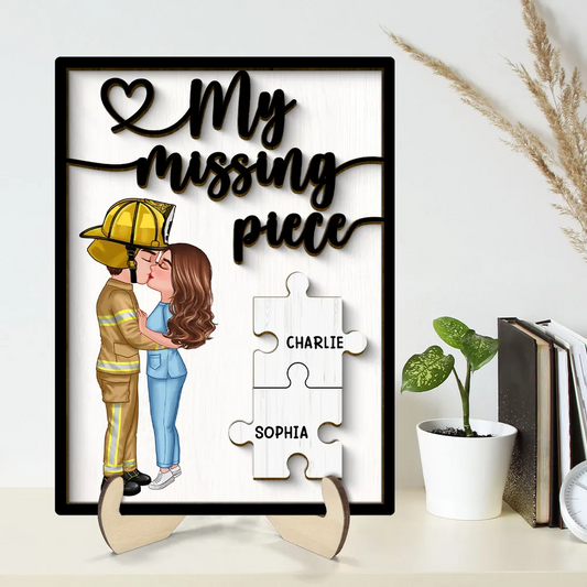 Couple Kissing My Missing Piece Valentine‘s Day Gifts by Occupation Gift For Her Gift For Him Firefighter, Nurse, Police Officer Personalized Wooden Plaque