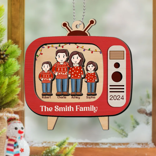 Comic Family In Christmas Red Retro Televison Personalized Wooden Ornament