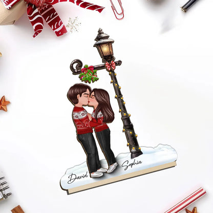 Couple Kissing Under Mistletoe Lamp Post Christmas Decor Personalized 2-Layer Standing Wooden Plaque