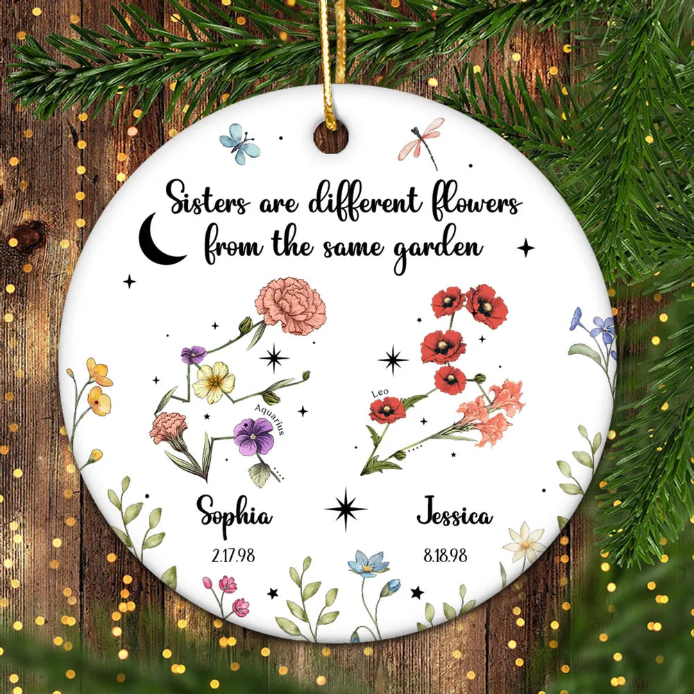 Sisters Besties Friends Zodiac Birth Month Flowers Personalized Circle Ornament, Christmas Gift