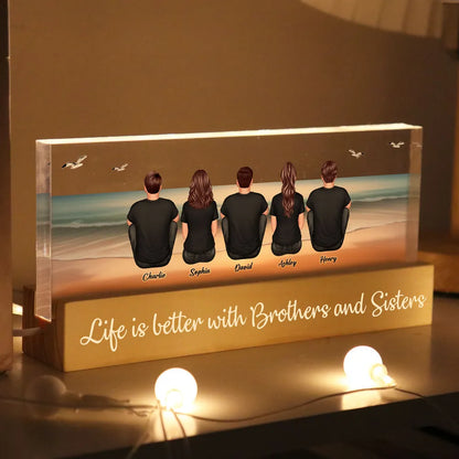 Beach Landscape Brothers & Sisters Sitting Personalized Acrylic Block LED Night Light, Unique Christmas Gift For Siblings