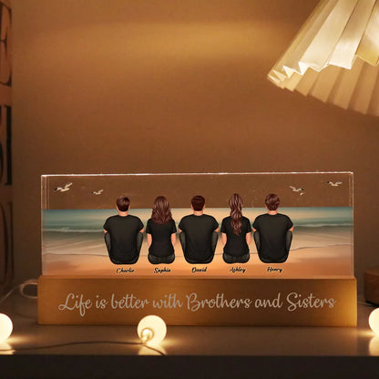 Beach Landscape Brothers & Sisters Sitting Personalized Acrylic Block LED Night Light, Unique Christmas Gift For Siblings