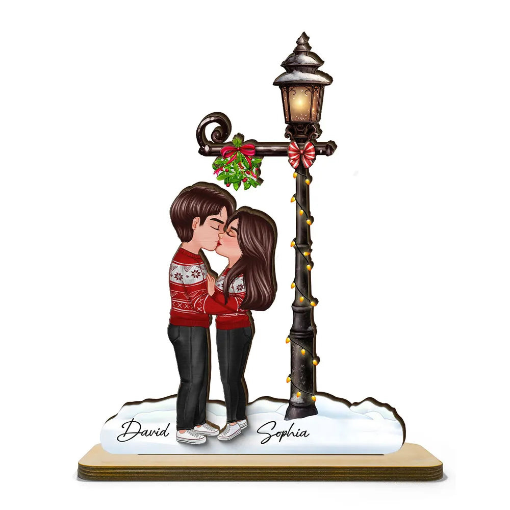 Couple Kissing Under Mistletoe Lamp Post Christmas Decor Personalized 2-Layer Standing Wooden Plaque