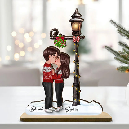 Couple Kissing Under Mistletoe Lamp Post Christmas Decor Personalized 2-Layer Standing Wooden Plaque