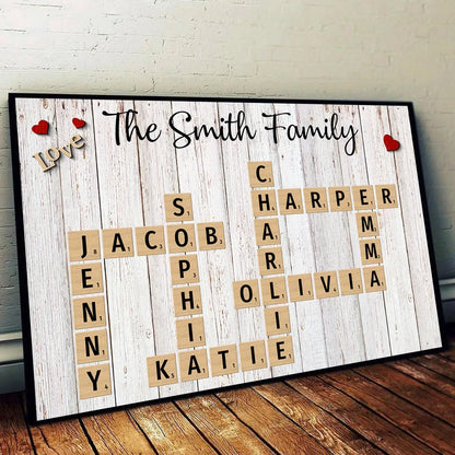 Family Love Crossword Puzzle Art Personalized Poster, Christmas Decor, Created In A Moment, Treasured Forever