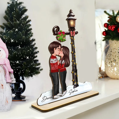 Couple Kissing Under Mistletoe Lamp Post Christmas Decor Personalized 2-Layer Standing Wooden Plaque