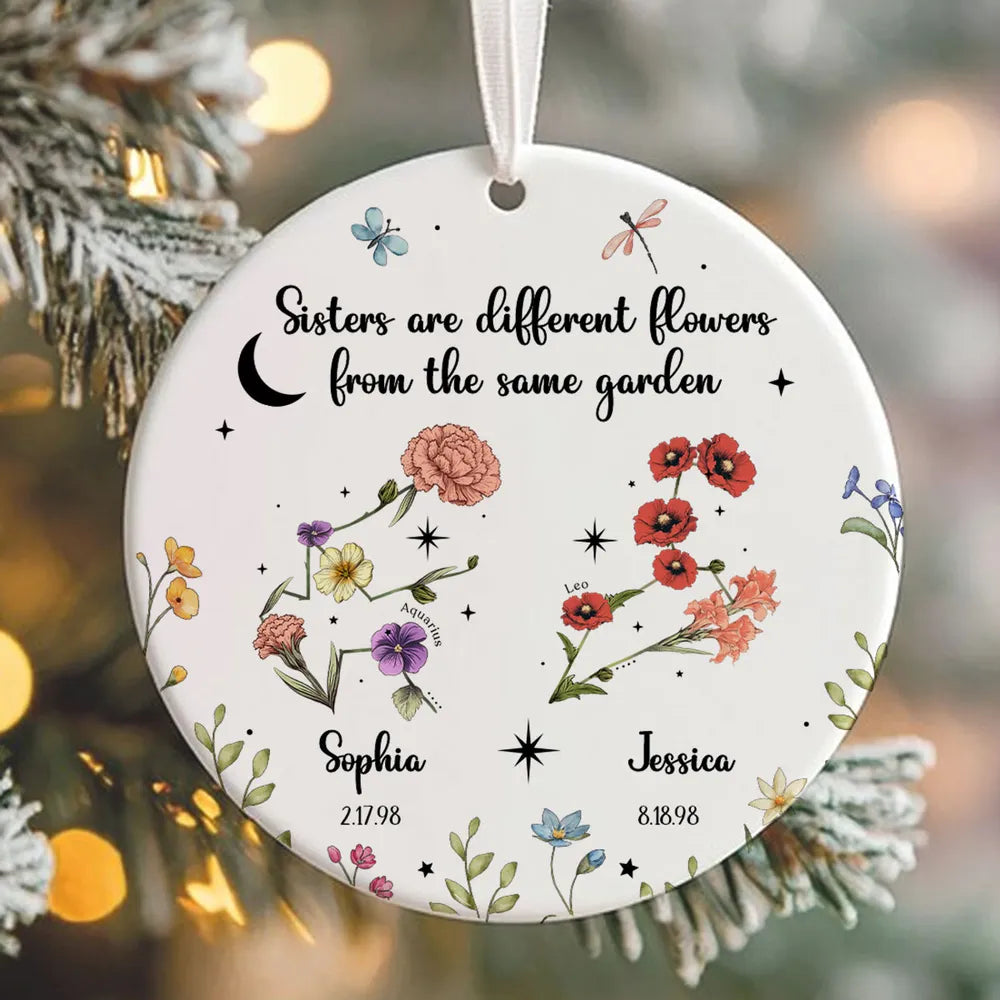 Sisters Besties Friends Zodiac Birth Month Flowers Personalized Circle Ornament, Christmas Gift