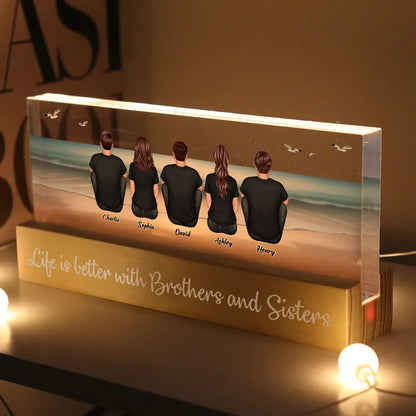 Beach Landscape Brothers & Sisters Sitting Personalized Acrylic Block LED Night Light, Unique Christmas Gift For Siblings