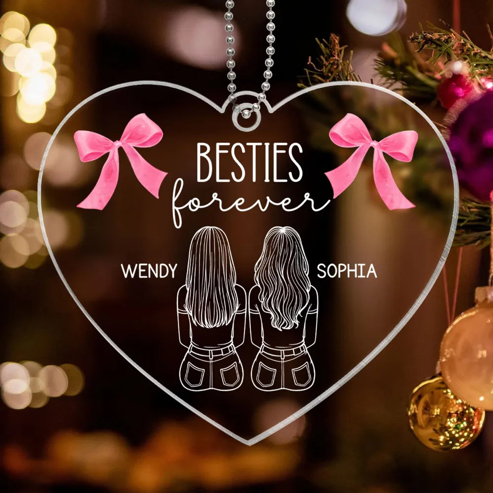 Besties Sisters Sitting Back View Outline Christmas Coquette Personalized Acrylic Ornament