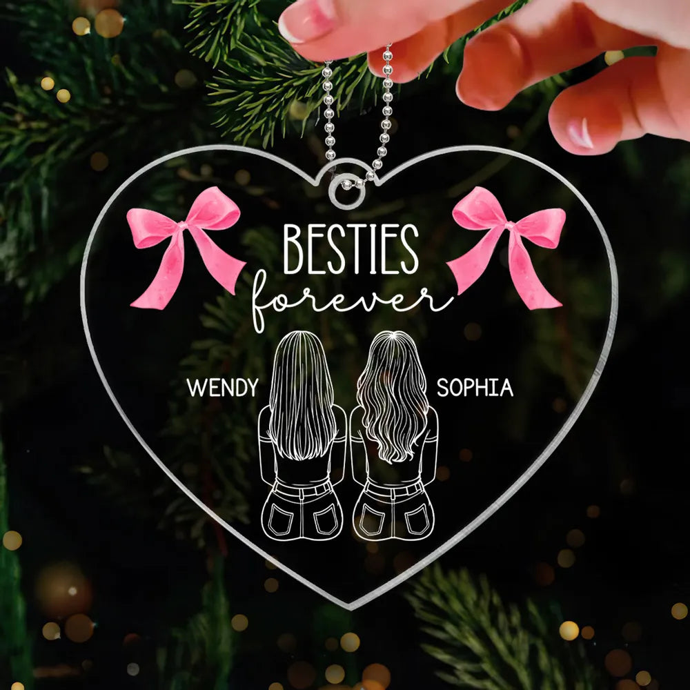 Besties Sisters Sitting Back View Outline Christmas Coquette Personalized Acrylic Ornament