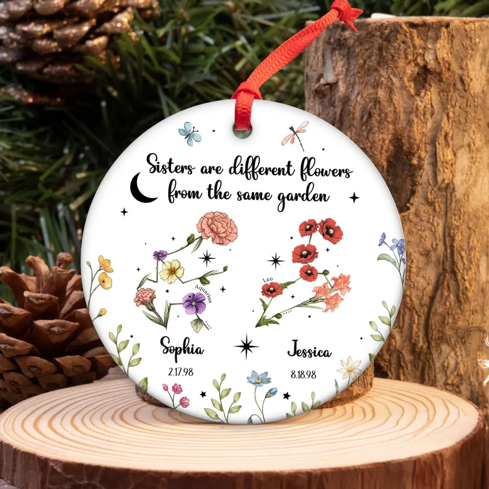 Sisters Besties Friends Zodiac Birth Month Flowers Personalized Circle Ornament, Christmas Gift