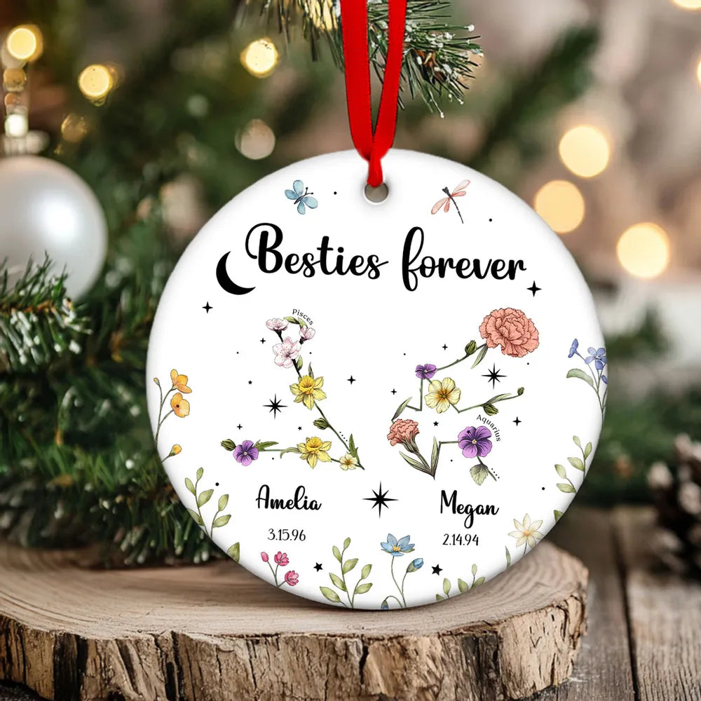 Sisters Besties Friends Zodiac Birth Month Flowers Personalized Circle Ornament, Christmas Gift