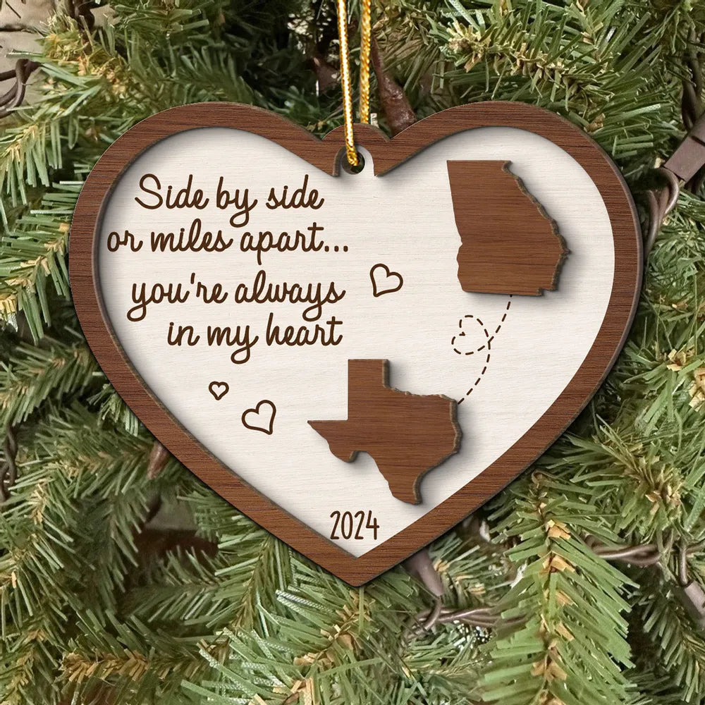 Miles Apart Long Distance Family Friendship State Map Personalized 2-Layer Wooden Ornament, Togetherness Keepsake