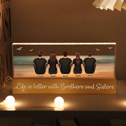 Beach Landscape Brothers & Sisters Sitting Personalized Acrylic Block LED Night Light, Unique Christmas Gift For Siblings