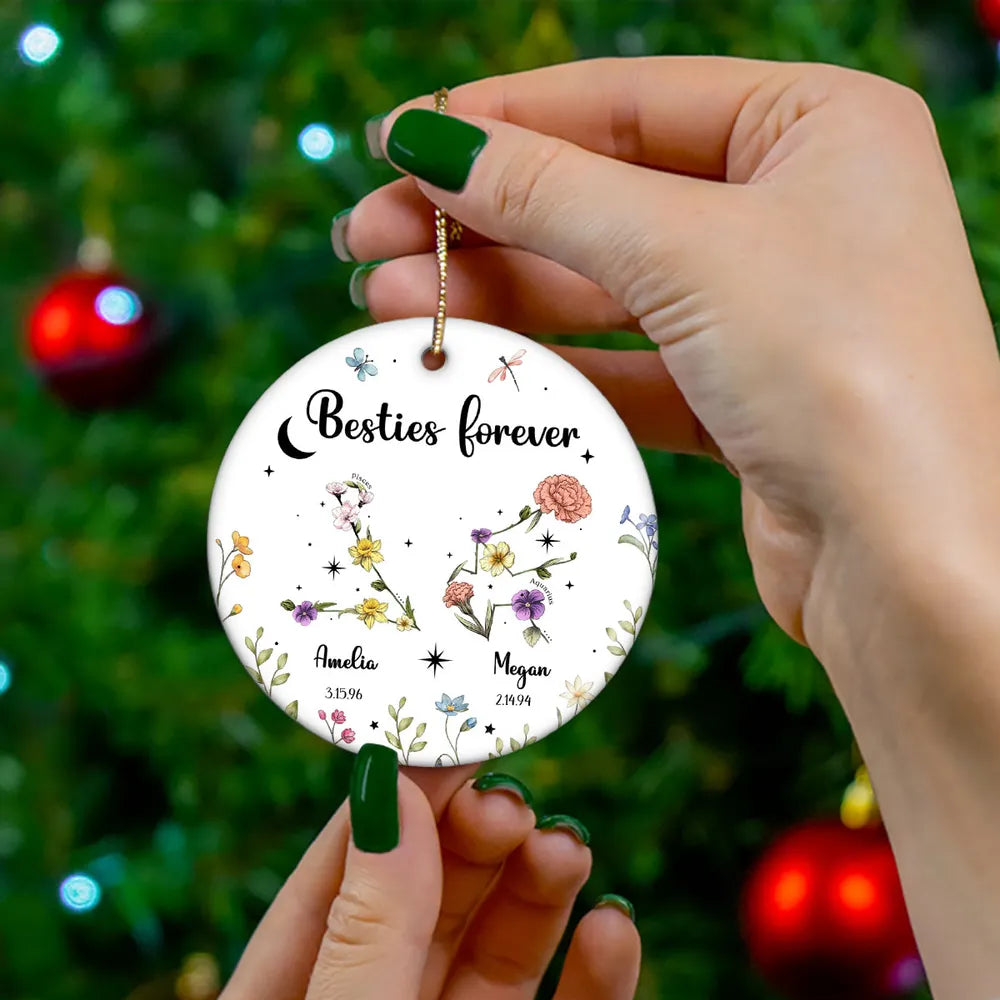 Sisters Besties Friends Zodiac Birth Month Flowers Personalized Circle Ornament, Christmas Gift