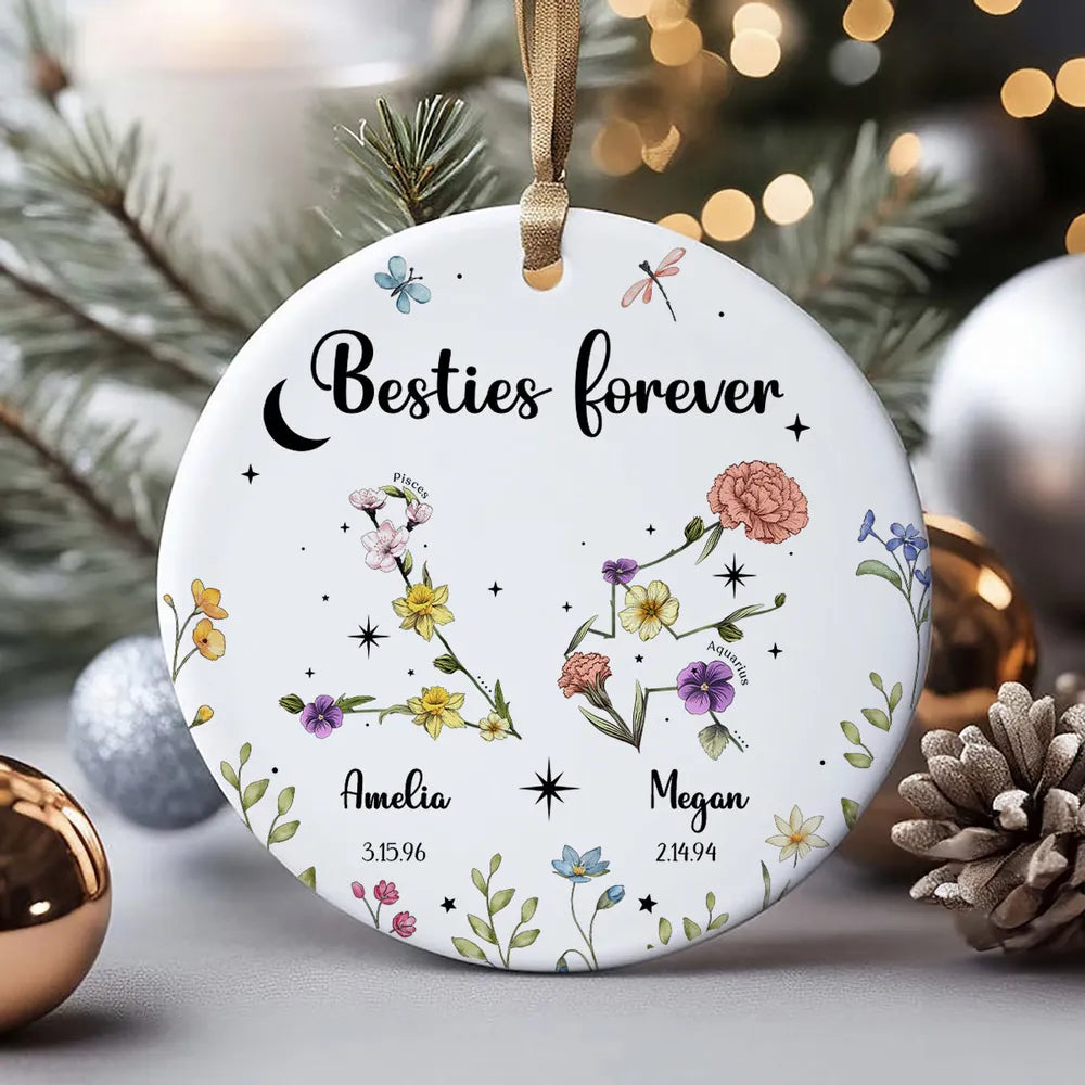 Sisters Besties Friends Zodiac Birth Month Flowers Personalized Circle Ornament, Christmas Gift