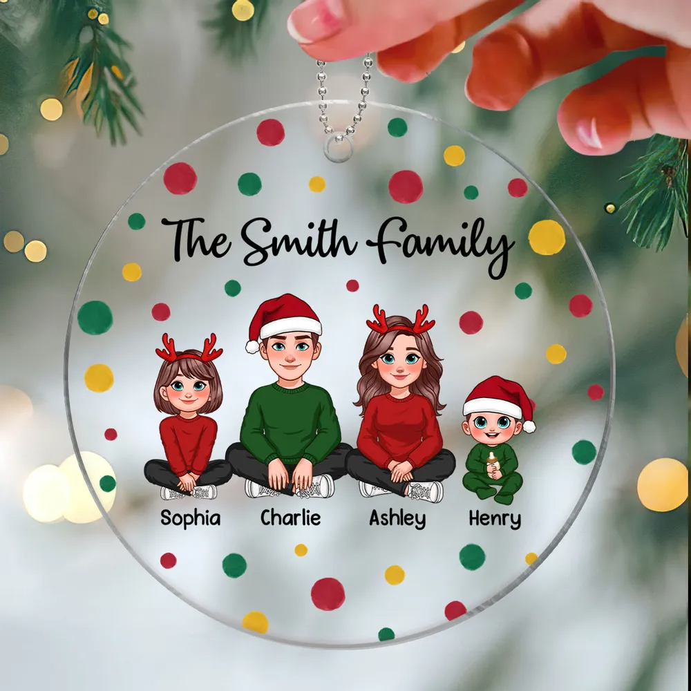 Red Green Dots Family Sitting Personalized Acrylic Ornament