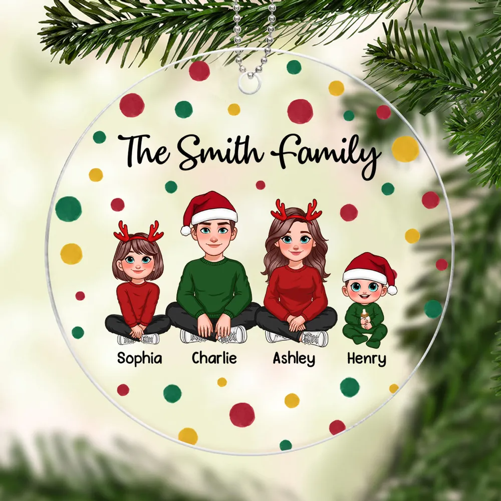 Red Green Dots Family Sitting Personalized Acrylic Ornament