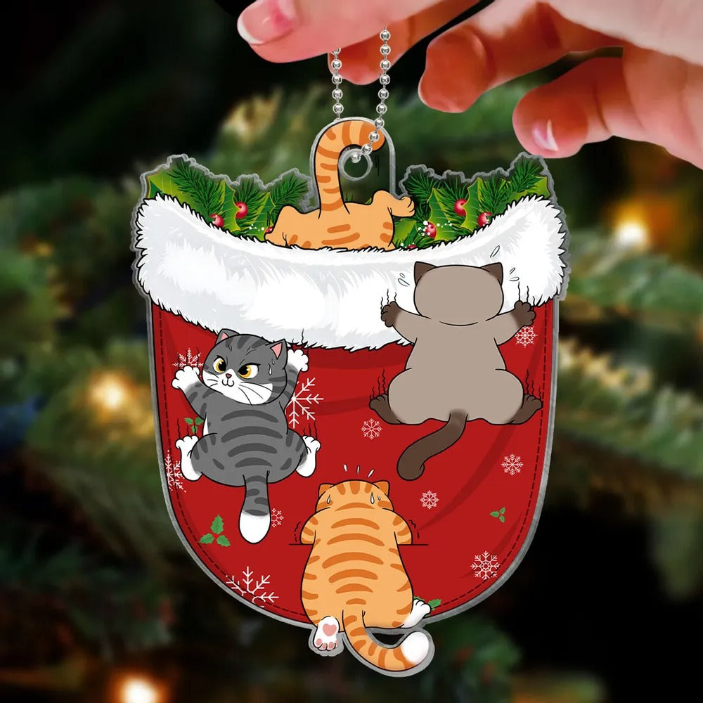 Naughty Cats Climbing Christmas Pocket Personalized Acrylic Ornament