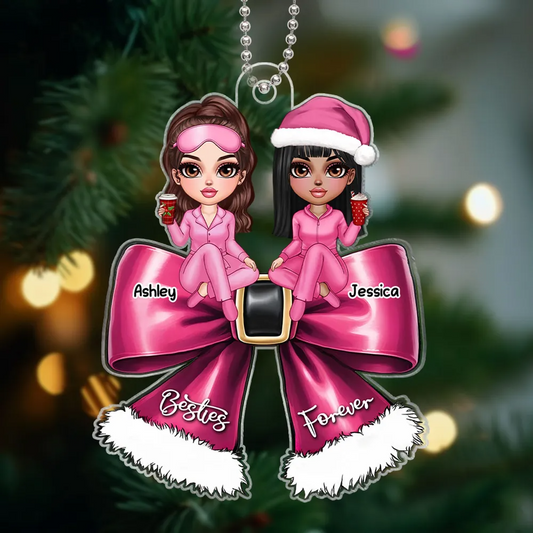 Christmas Coquette Bow Best Friends Personalized Acrylic Ornament, Christmas Gift For Besties