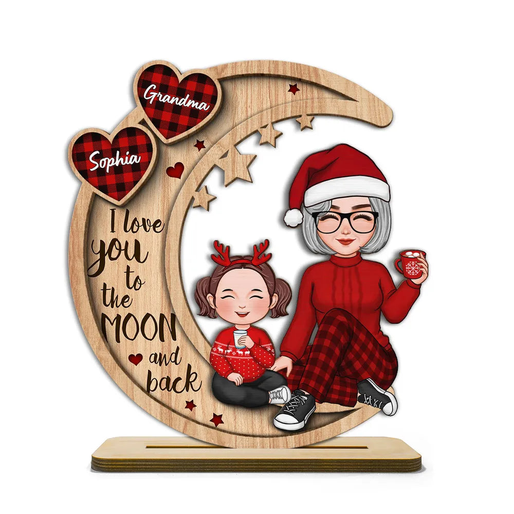 Checkered Pattern Heart Cute Grandma Grandkids Sitting On Moon Christmas Personalized Standing Wooden Plaque