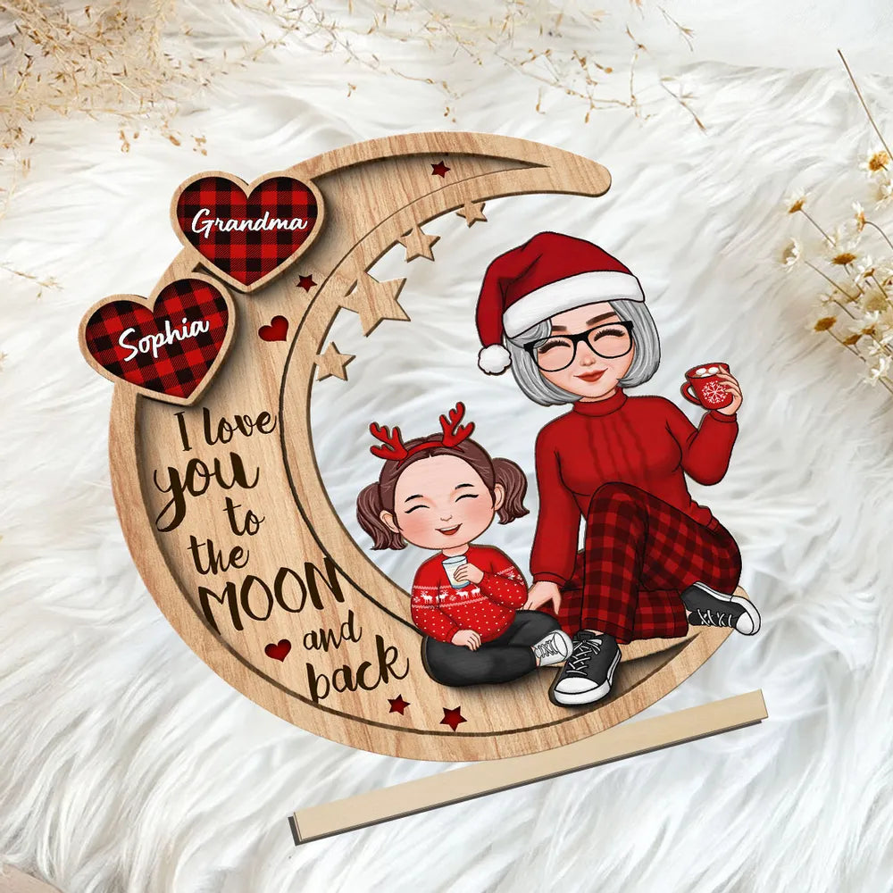 Checkered Pattern Heart Cute Grandma Grandkids Sitting On Moon Christmas Personalized Standing Wooden Plaque