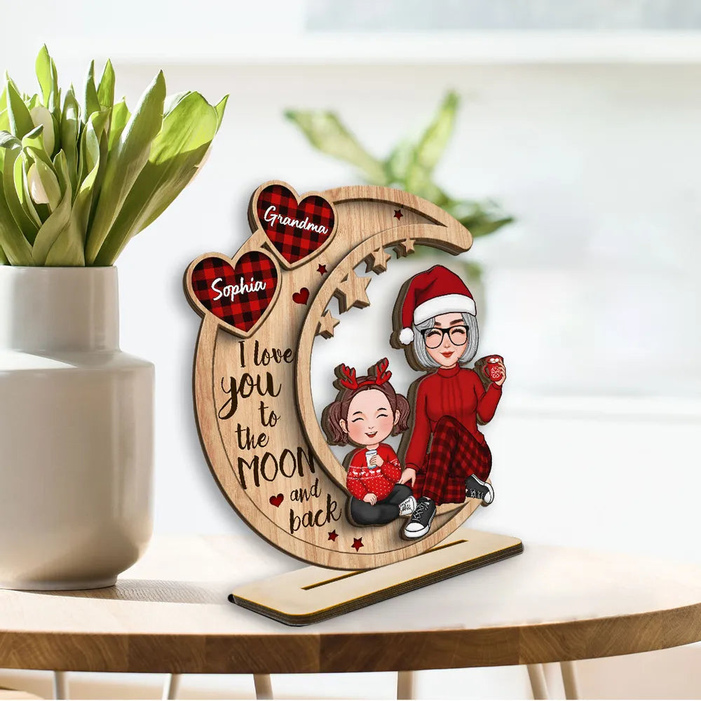 Checkered Pattern Heart Cute Grandma Grandkids Sitting On Moon Christmas Personalized Standing Wooden Plaque