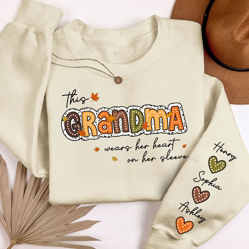 Fall Season This Grandma Wears Her Heart on Her Sleeve Personalized Sleeve Printed Sweatshirt