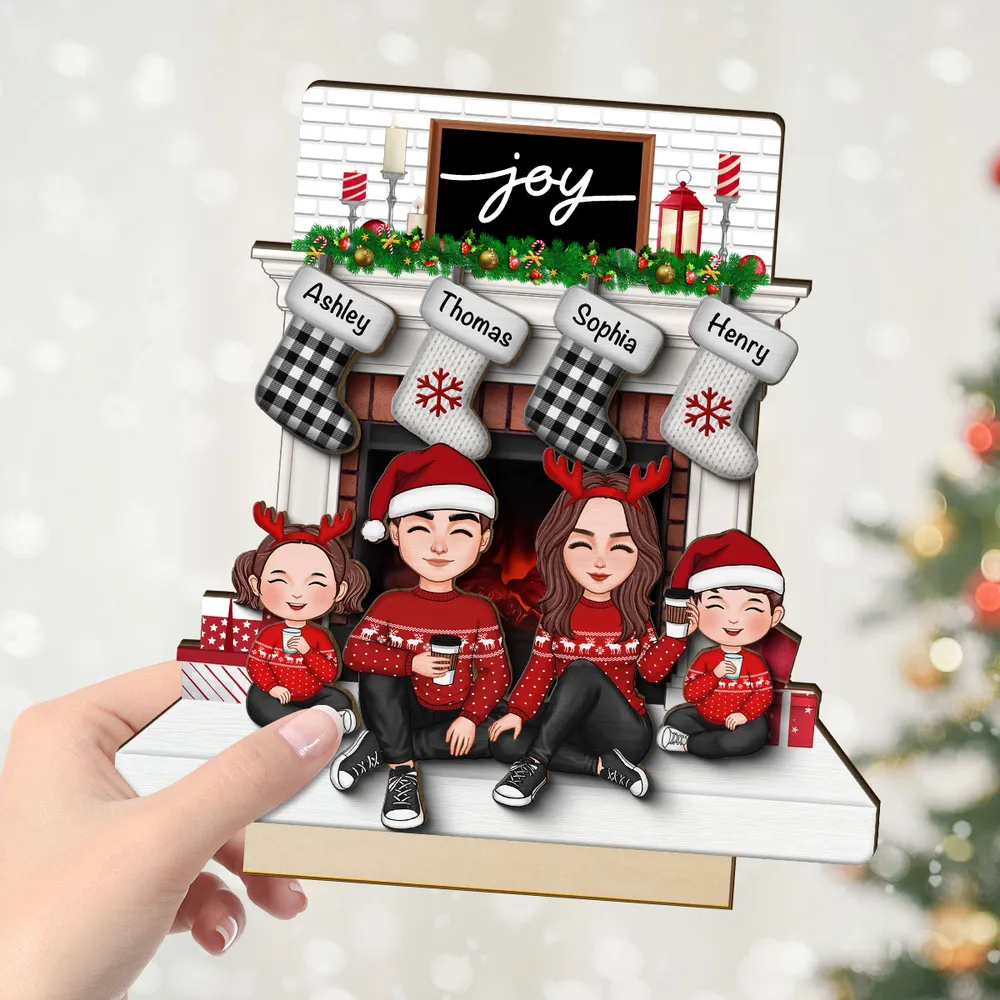 Cute Family Dad Mom Kids Sitting At Christmas Fireplace - Personalized 2-Layer Standing Wooden Plaque