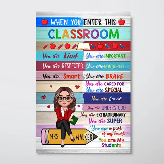 Colorful Teacher Sitting On Pencil Personalized Poster, Classroom Decoration, Back To School Gift For Teacher