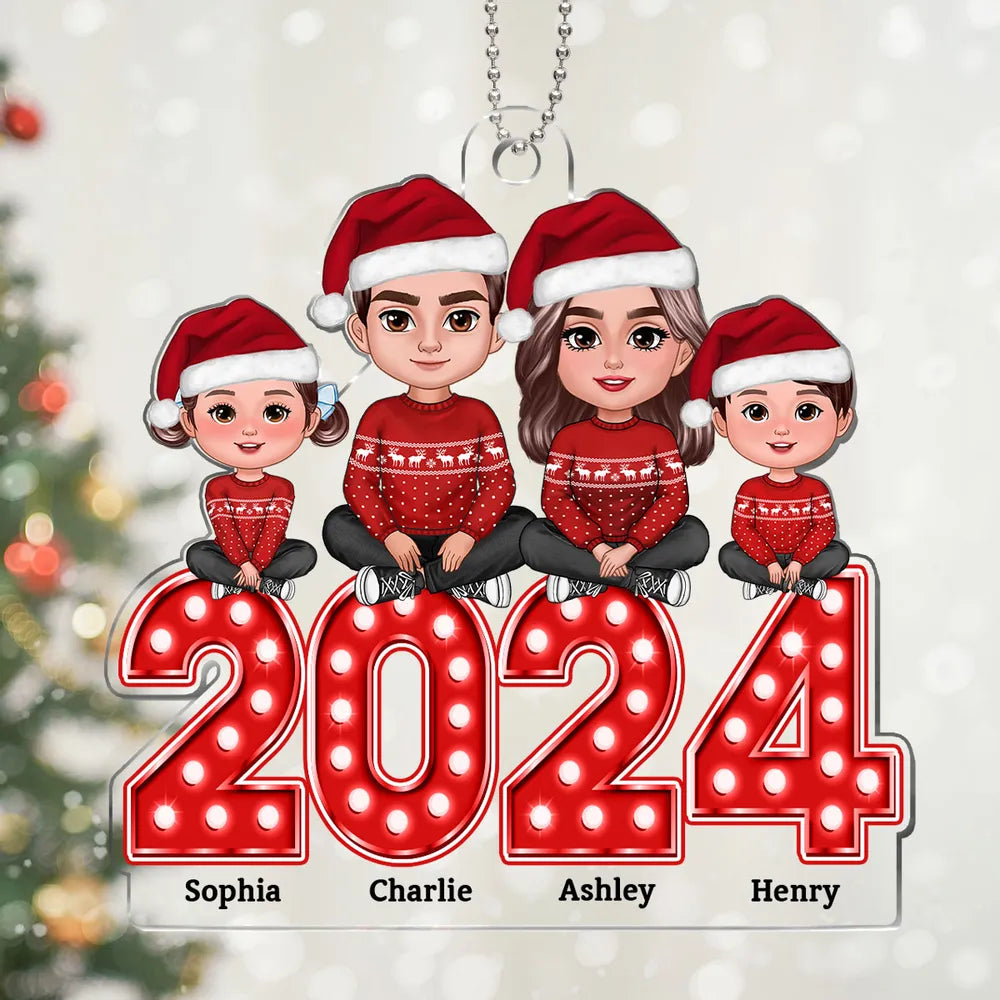 Family Sitting Crossed Legs On Marquee Letter Christmas Gift Personalized Acrylic Ornament