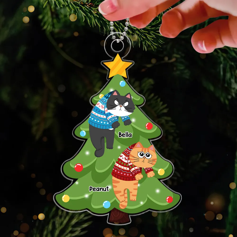 Naughty Cats On Christmas Tree Personalized Acrylic Ornament