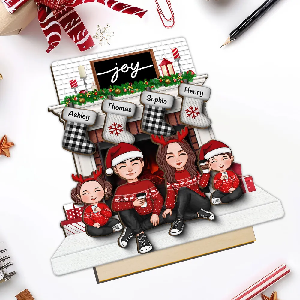 Cute Family Dad Mom Kids Sitting At Christmas Fireplace - Personalized 2-Layer Standing Wooden Plaque