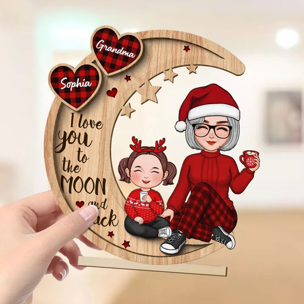 Checkered Pattern Heart Cute Grandma Grandkids Sitting On Moon Christmas Personalized Standing Wooden Plaque