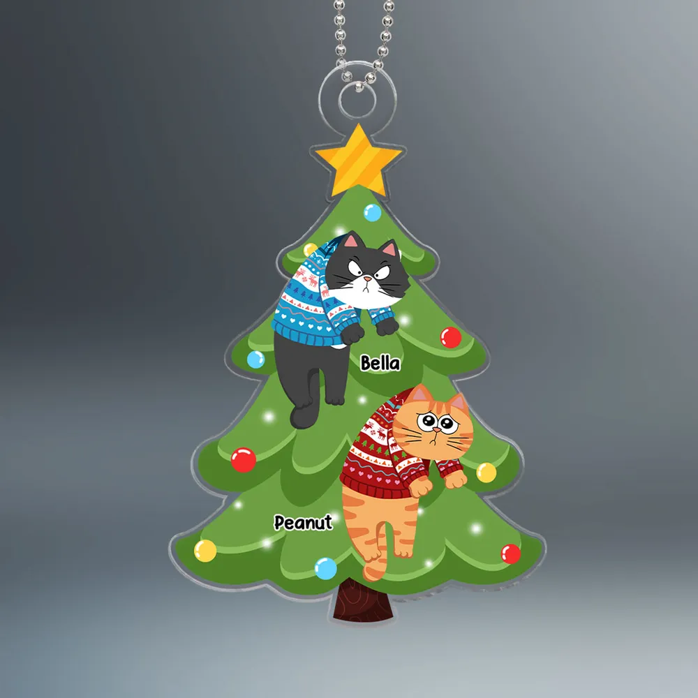 Naughty Cats On Christmas Tree Personalized Acrylic Ornament