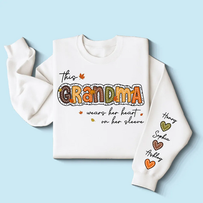 Fall Season This Grandma Wears Her Heart on Her Sleeve Personalized Sleeve Printed Sweatshirt