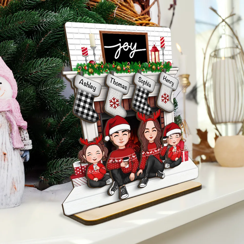 Cute Family Dad Mom Kids Sitting At Christmas Fireplace - Personalized 2-Layer Standing Wooden Plaque