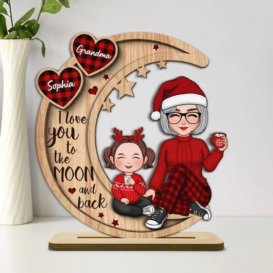 Checkered Pattern Heart Cute Grandma Grandkids Sitting On Moon Christmas Personalized Standing Wooden Plaque