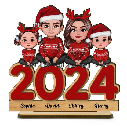 Family Sitting On 2024 Personalized Standing Wooden Plaque, Christmas Tier Tray Decoration