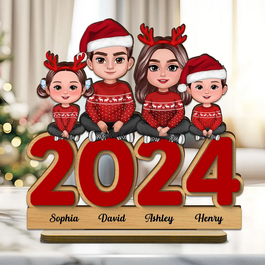 Family Sitting On 2024 Personalized Standing Wooden Plaque, Christmas Tier Tray Decoration