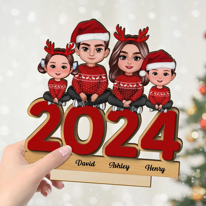 Family Sitting On 2024 Personalized Standing Wooden Plaque, Christmas Tier Tray Decoration