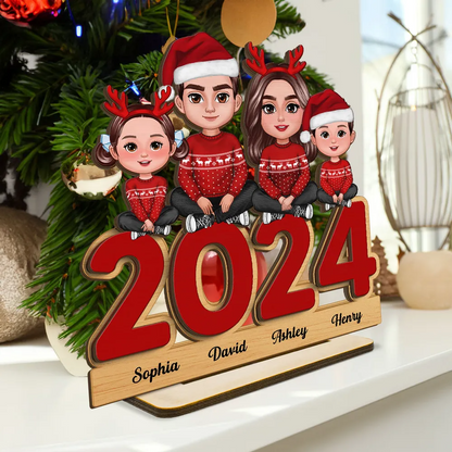 Family Sitting On 2024 Personalized Standing Wooden Plaque, Christmas Tier Tray Decoration