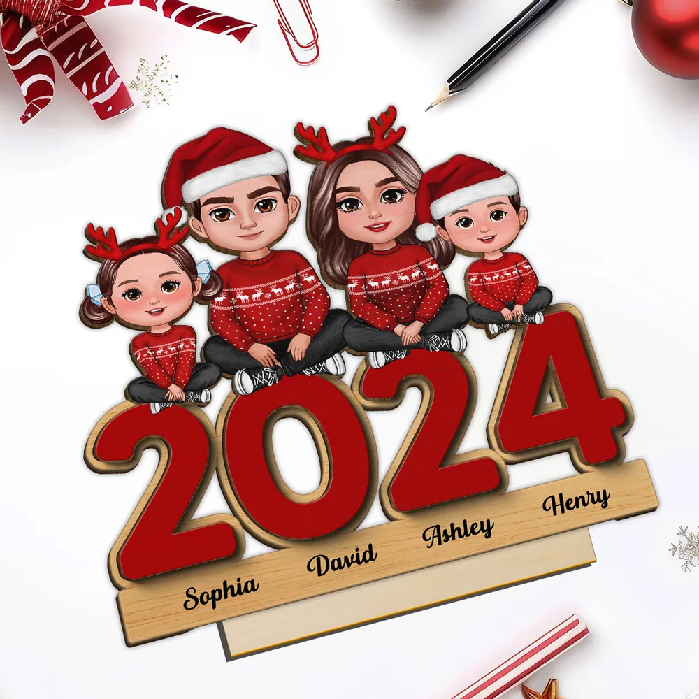 Family Sitting On 2024 Personalized Standing Wooden Plaque, Christmas Tier Tray Decoration