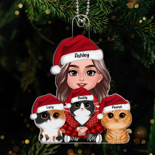 Woman Holding Cute Fluffy Cat Christmas Gift For Cat Lover Cat Mom Personalized Acrylic Ornament