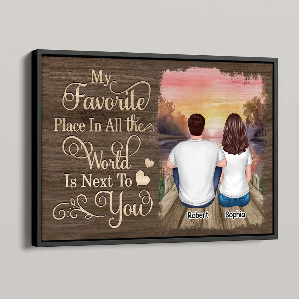 Couple Sitting Back View Wooden Sunset Lake Personalized Horizontal Poster