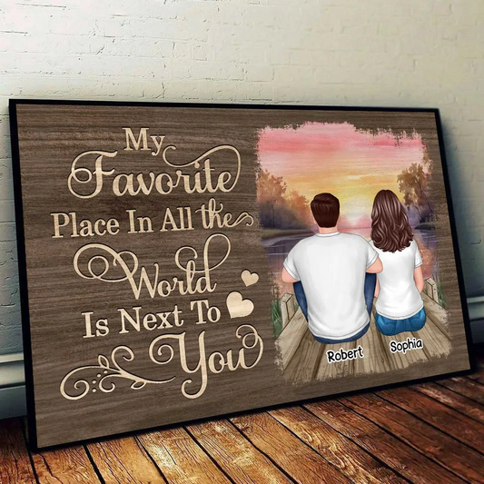 Couple Sitting Back View Wooden Sunset Lake Personalized Horizontal Poster