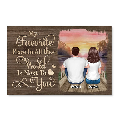 Couple Sitting Back View Wooden Sunset Lake Personalized Horizontal Poster